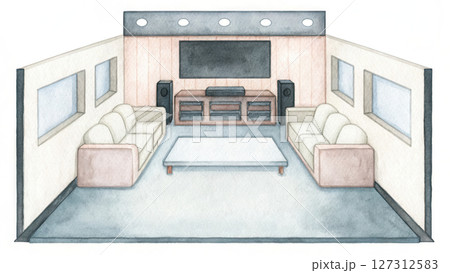 Podcast studio watercolor, modern podcast studio featuring monochrome theme with comfortable seating Podcast studio watercolor, modern podcast studio featuring monochrome theme with comfortable seating 127312583