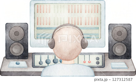 Podcast studio watercolor, Audio engineer monitoring podcast audio in studio setup 127312587