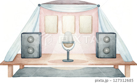 Podcast studio watercolor, Cozy podcast corner with dynamic microphone and speakers 127312685