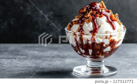 luxurious ice cream sundae with gourmet toppings, rich chocolate sauce, and crunchy nuts creates delightful dessert experience 127312771