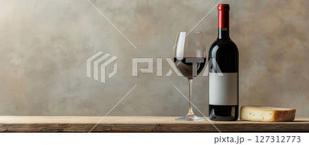 luxurious wine and cheese pairing rustic wood table, showcasing bottle of red wine, glass filled with wine, and piece of 127312773