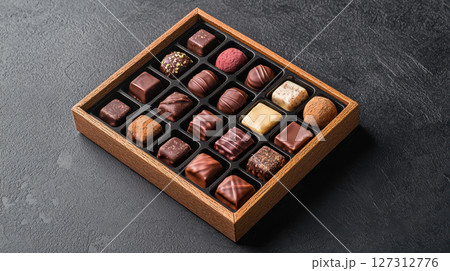 Artisanal chocolates in wooden box, showcasing variety of flavors and textures 127312776