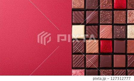 Artisanal chocolates arranged beautifully on vibrant red background, showcasing various textures and colors Artisanal chocolates arranged beautifully on vibrant red background, showcasing various textures and colors 127312777