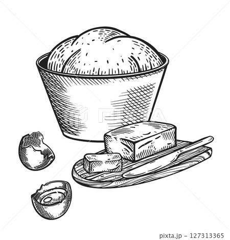 Dough, cooking process, chicken eggs, butter on a board with a knife, a bowl with dough. All objects are hand-drawn with ink. Vector illustration is suitable for printing on paper, fabric, labels. Dough, cooking process, chicken eggs, butter on a board with a knife, a bowl with dough. All objects are hand-drawn with ink. Vector illustration is suitable for printing on paper, fabric, labels. 127313365