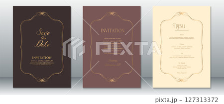 Elegant Vintage Wedding Invitation Set with Gold Border on Brown, Mauve, and Cream Backgrounds 127313372