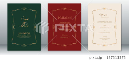 Classic Wedding Invitation Set with Gold Ornaments on Dark Green, Burgundy, and Cream Backgrounds 127313373