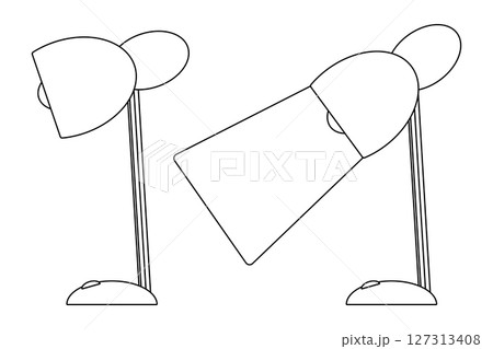 Coloring page for kids with outline drawing of an set desk lamp in two positions, one lit and one off. For entertaining kids, back to school or education black and white printable design, DIY craft. 127313408