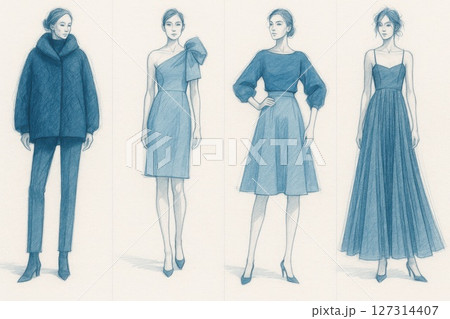 Elegant fashion sketch series of women dresses in refined blue pencil style, showcasing couture silhouettes and inspiration for formal wear design portfolios Elegant fashion sketch series of women dresses in refined blue pencil style, showcasing couture silhouettes and inspiration for formal wear design portfolios 127314407