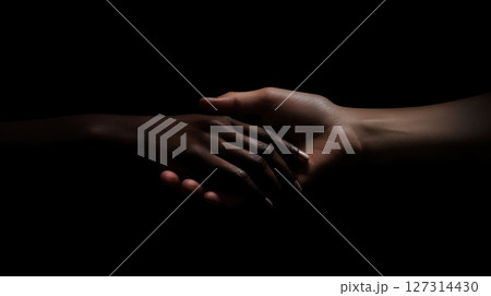 Two hands of different skin tones gently connect in deep shadows, expressing unity, support, and emotional human connection 127314430