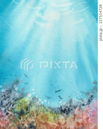 Handmade blue underwater watercolor background with corals and fishes. Rays of light under water in the sea. Handmade blue underwater watercolor background with corals and fishes. Rays of light under water in the sea. 127314726