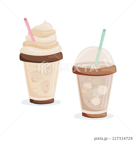 Vector illustration of iced coffee drinks in plastic cups Vector illustration of iced coffee drinks in plastic cups 127314729