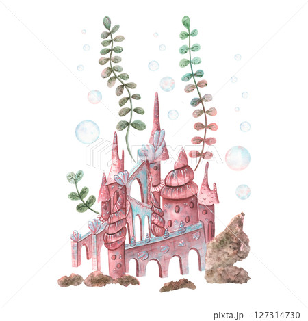Handmade watercolor underwater castle in pink flowers with seaweed and bubbles. Princess castle for girls. 127314730