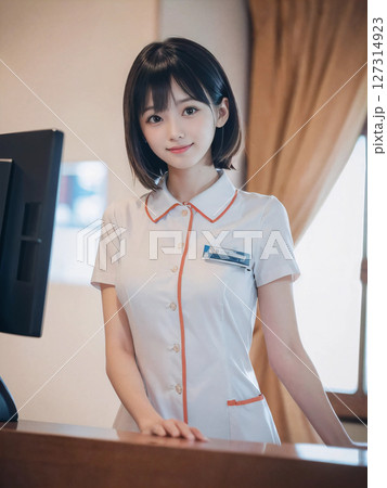 笑顔で患者に対応する看護師の若い女性 笑顔で患者に対応する看護師の若い女性 127314923