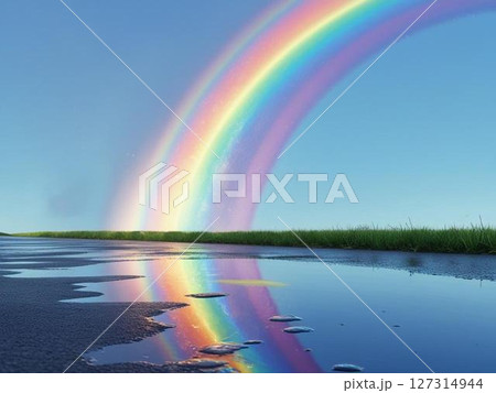 青空の虹と水溜まり 127314944