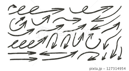 Arrows lines charcoal drawn. Straight and curved thin pointers doodle elements set. Scribble freehand arrow markers Vector illustration by pencil. Grunge chalk freehand graphic on white background Arrows lines charcoal drawn. Straight and curved thin pointers doodle elements set. Scribble freehand arrow markers Vector illustration by pencil. Grunge chalk freehand graphic on white background 127314954
