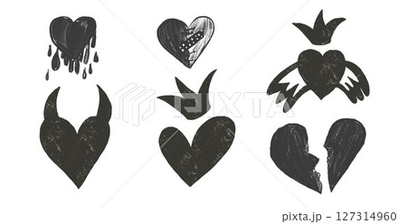 Broken hearts with crowns and devil horns crayon textured set. Breakup marker doodles isolated on white background. Love naive sketch hand drawn painting elements. Vector heartbreak illustration 127314960