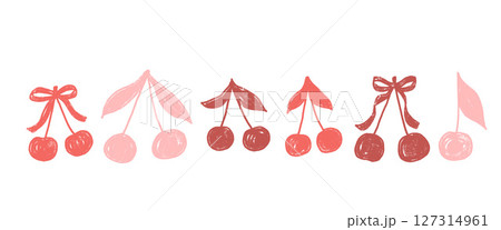Cherry coquette silhouette crayon drawn set. REd, pink berries with bows and leaves doodle isolated on white background. Fruits grunge textured elements. Vector kid naive illustration by pencil 127314961