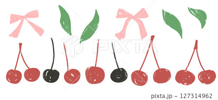Cherry coquette crayon drawn set. Red, pink and green berries with ribbon band and leaves doodle isolated on white background. Fruits grunge textured elements. Vector naive illustration by pencil Cherry coquette crayon drawn set. Red, pink and green berries with ribbon band and leaves doodle isolated on white background. Fruits grunge textured elements. Vector naive illustration by pencil 127314962