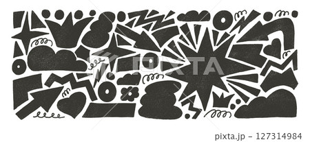 Abstract geometric shapes linocut drawn set. Stars, crown, arrows and vector figures by marker. Organic linocut squiggles stickers doodle isolated on white background. Graphic grunge elements 127314984