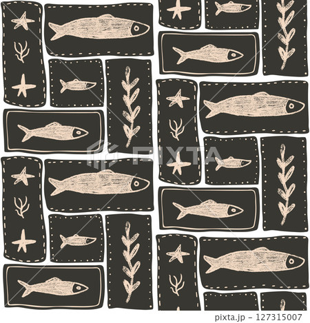 Crayon fish seamless pattern. Sardines hand drawn bento grid endless background. Nautical repeat cover. Sea patchwork continuous ornament. Surface pattern design seaweeds motif. Vector illustration Crayon fish seamless pattern. Sardines hand drawn bento grid endless background. Nautical repeat cover. Sea patchwork continuous ornament. Surface pattern design seaweeds motif. Vector illustration 127315007
