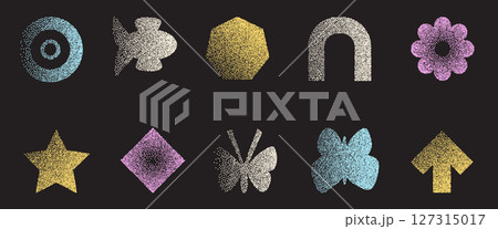 Grain colorful noise gradient various abstract shape set. Y2k retro fish, drop and goal target with flower forms. Gritty grunge butterfly and star icons on dark background. Vector illustration 127315017