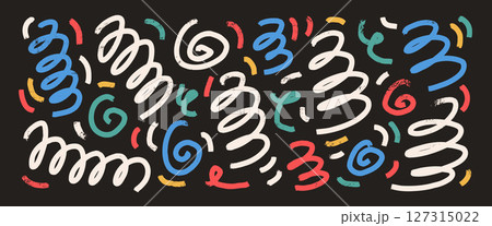 Multi colors wavy crayon squiggle lines background. Wave abstract spiral party confetti set. Curve birthday celebration swirls decoration on dark bd. Bright hand drawn vector illustration 127315022