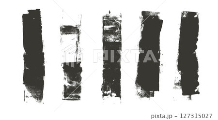 Paint brush strokes set. Linocut or photocopy texture lines. Ink roller thick stripes background. Grunge letterpress rectangles. Dry black brayer stain isolated on white background. Vector lino print 127315027