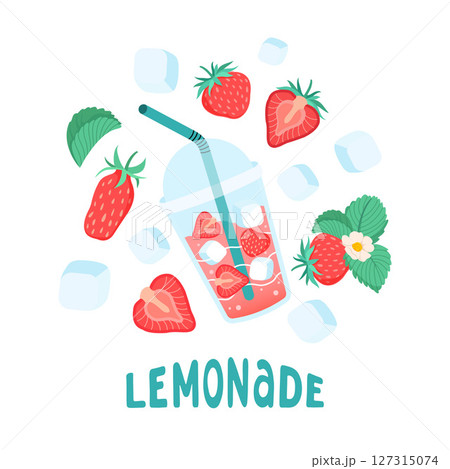 Summer square card with strawberries. Lemonades, berry, ice cube and leaves icon. Bright seasonal white background for cafes, menus, and advertisements. Food and drinks. Vector flat illustration. 127315074