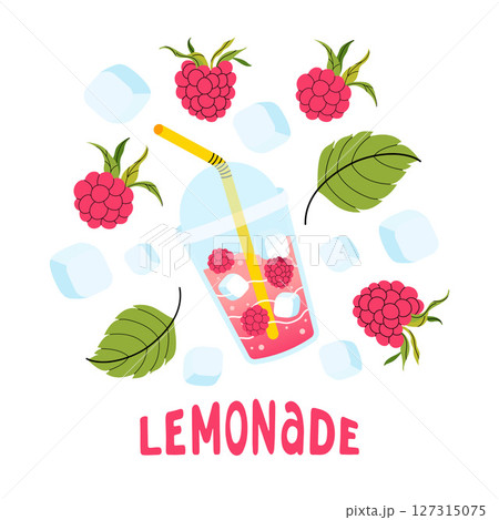 Summer square card with raspberry. Lemonades, berry, ice cube and leaves icon. Bright seasonal white background for cafes, menus, and advertisements. Food and drinks. Vector flat illustration. Summer square card with raspberry. Lemonades, berry, ice cube and leaves icon. Bright seasonal white background for cafes, menus, and advertisements. Food and drinks. Vector flat illustration. 127315075