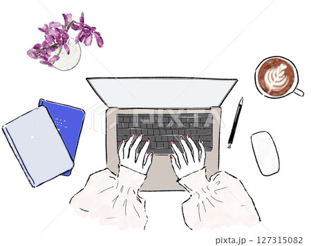 ノートパソコンでタイピングする手のイラスト 127315082