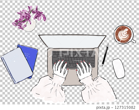 ノートパソコンでタイピングする手のイラスト 127315082