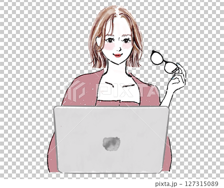 パソコンの前で眼鏡を持つ女性 127315089