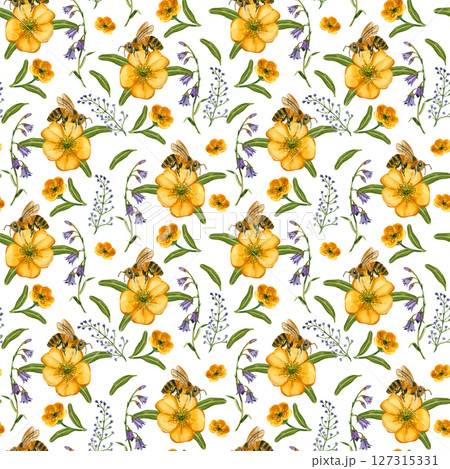 Seamless watercolor pattern. Meadow flowers and grasses, yellow buttercups, purple bluebells, bee, green leaves. All objects are hand-painted in watercolor. For printing on fabric, paper, bed linen. 127315331