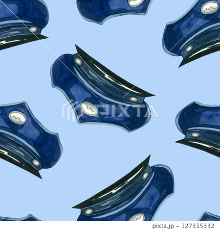 Seamless watercolor pattern. The postman's headdress, cap, all objects are hand-painted in watercolor on a blue background. Suitable for printing on fabric, paper, packaging design. 127315332