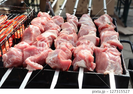 Indulge in Delicious Skewers of Fresh, Raw Meat That Are Perfectly Ready for Grilling Indulge in Delicious Skewers of Fresh, Raw Meat That Are Perfectly Ready for Grilling 127315527