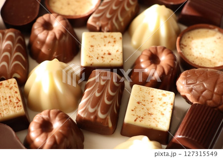A selection of assorted gourmet chocolates presented beautifully in a decorative box 127315549