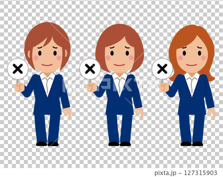 A young woman in a navy blue suit holding up a wrong answer card A young woman in a navy blue suit holding up a wrong answer card 127315903