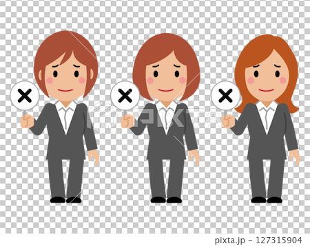 A young woman in a gray suit holding up a wrong answer card A young woman in a gray suit holding up a wrong answer card 127315904