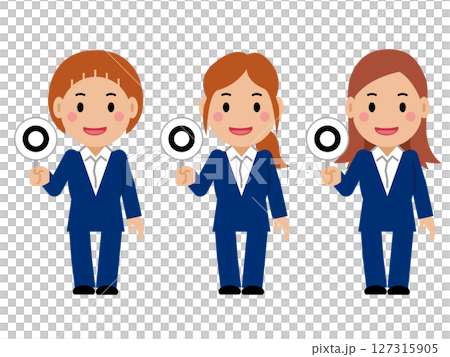 A young woman in a navy blue suit holds up the correct answer card. Part 2 A young woman in a navy blue suit holds up the correct answer card. Part 2 127315905
