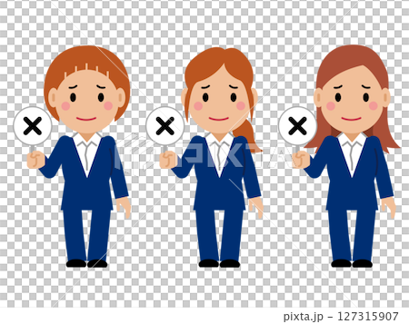 A young woman in a navy blue suit holds up her incorrect answer card. Part 2 127315907