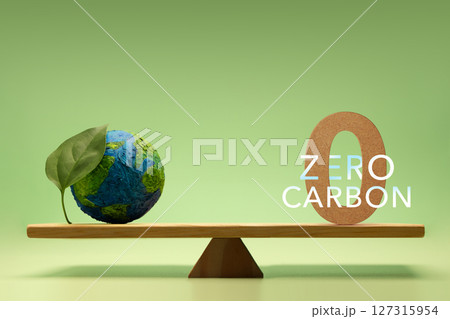 Zero Carbon Emission Environmental concept. Balance between Green Leaf Globe and zero carbon icon, reflecting sustainability and pollution 127315954