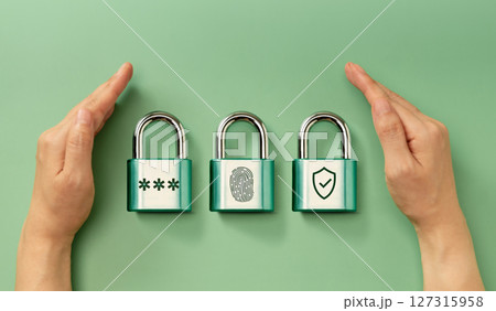 Cybersecurity Conceptual image. Hands securing padlocks representing password, fingerprint, and shield for digital authentication and multi-layered security Cybersecurity Conceptual image. Hands securing padlocks representing password, fingerprint, and shield for digital authentication and multi-layered security 127315958