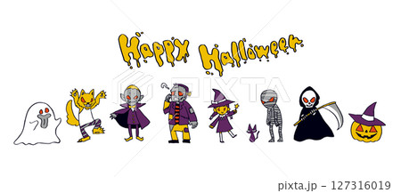 ポップで個性的なハロウィンキャラクターの手描きイラストカットセット 127316019