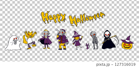 A set of hand-drawn illustrations and cutouts of pop and unique Halloween characters 127316019