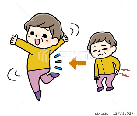 腰痛に苦しむ中年女性と、改善して笑顔で喜ぶビフォーアフター(カラー) 腰痛に苦しむ中年女性と、改善して笑顔で喜ぶビフォーアフター(カラー) 127316027