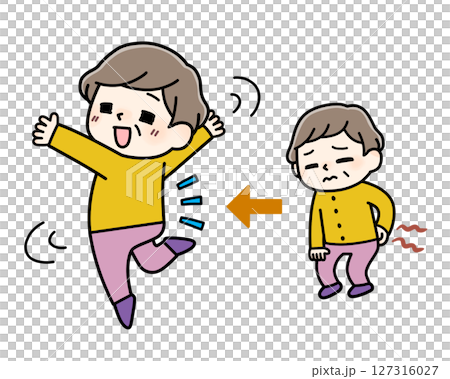 腰痛に苦しむ中年女性と、改善して笑顔で喜ぶビフォーアフター(カラー) 腰痛に苦しむ中年女性と、改善して笑顔で喜ぶビフォーアフター(カラー) 127316027