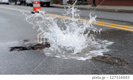 道路に亀裂が入り水道管が破裂して水が吹き出す 127316083