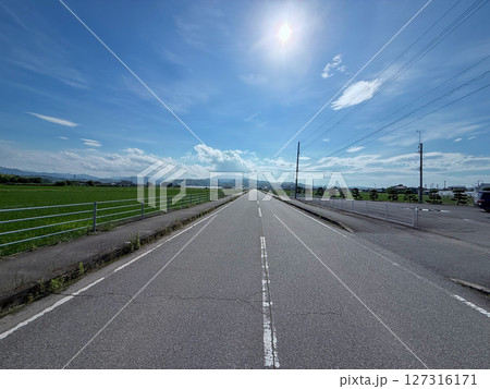 真っすぐ伸びる田園の直線道路と晴天の空（徳島県小松島市） 127316171