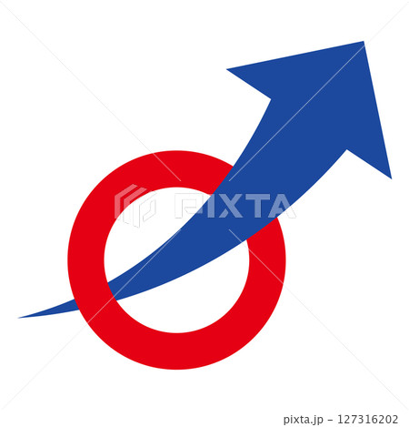 丸い枠を通過する右肩上がりの矢印　成長　白背景 127316202