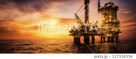 Offshore jack up oil and gas wellhead remote platform drilling rig during sunset which produced raw material for sent to onshore refinery, power generation and petrochemical industry. Offshore jack up oil and gas wellhead remote platform drilling rig during sunset which produced raw material for sent to onshore refinery, power generation and petrochemical industry. 127316356